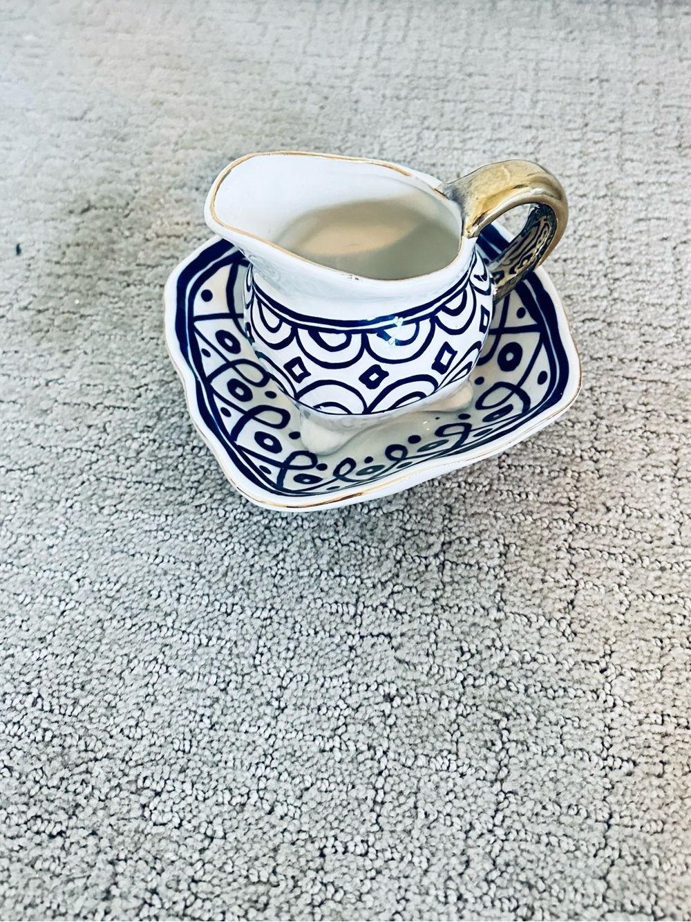 Blue White Ceramic Creamer Pitcher & Dish Set | Gold Trim